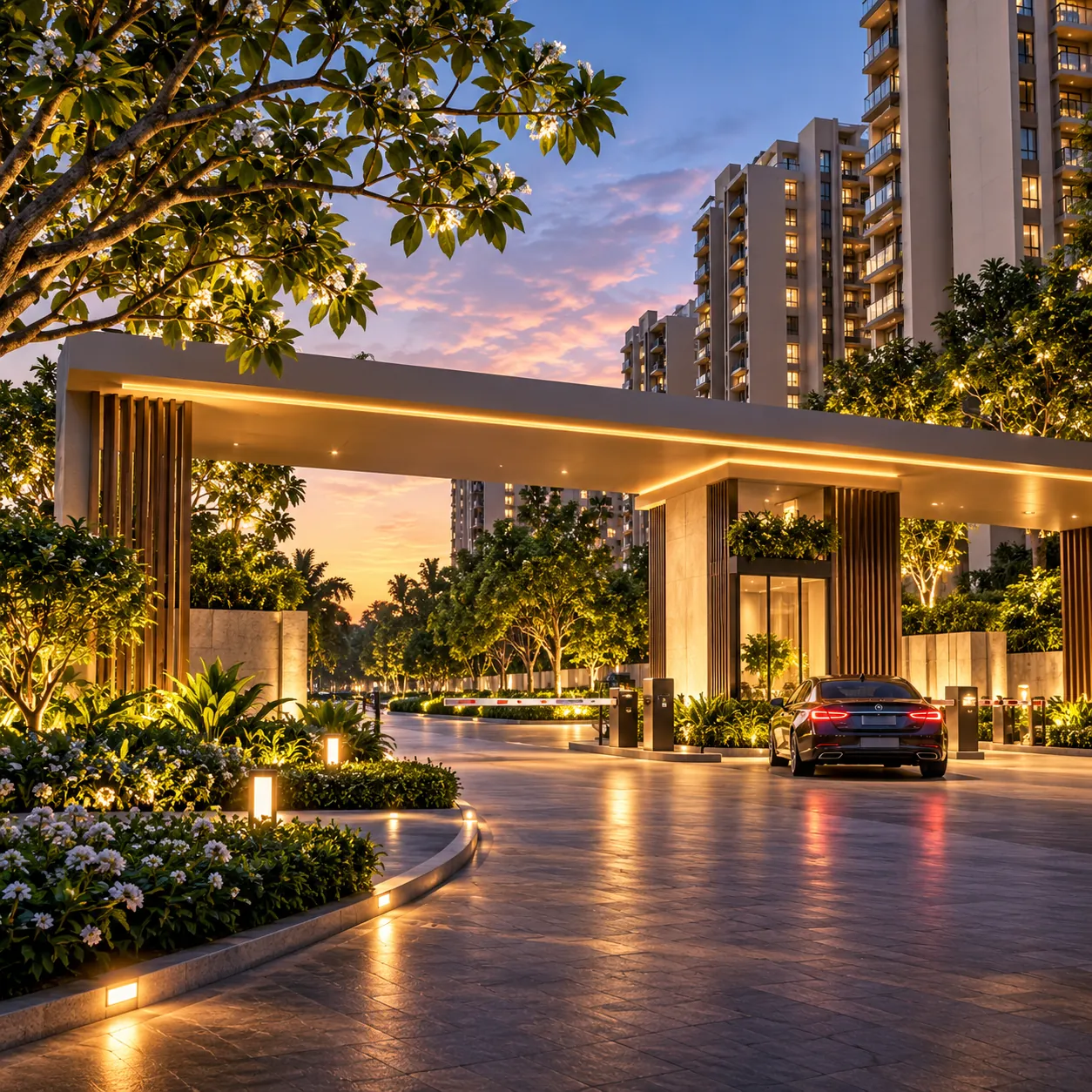 Gated entrance at twilight – L&T Aravista, Sector 86 Gurgaon