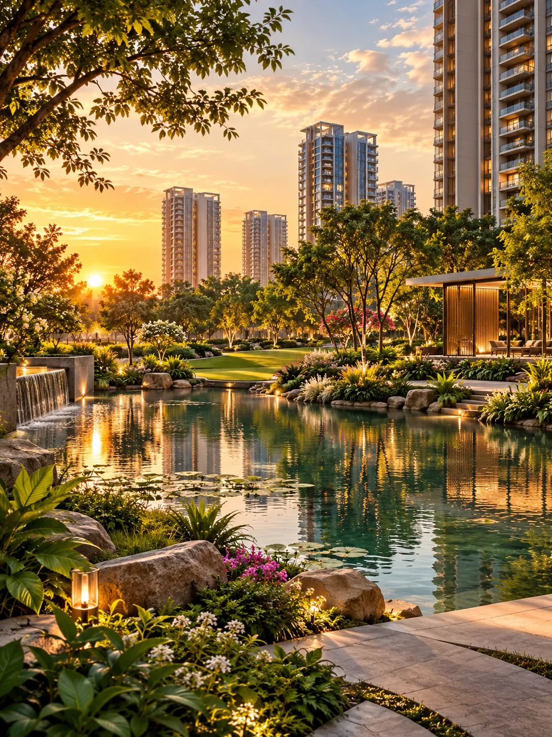 Landscaped garden and water body at sunset – L&T Aravista, Sector 86 Gurgaon
