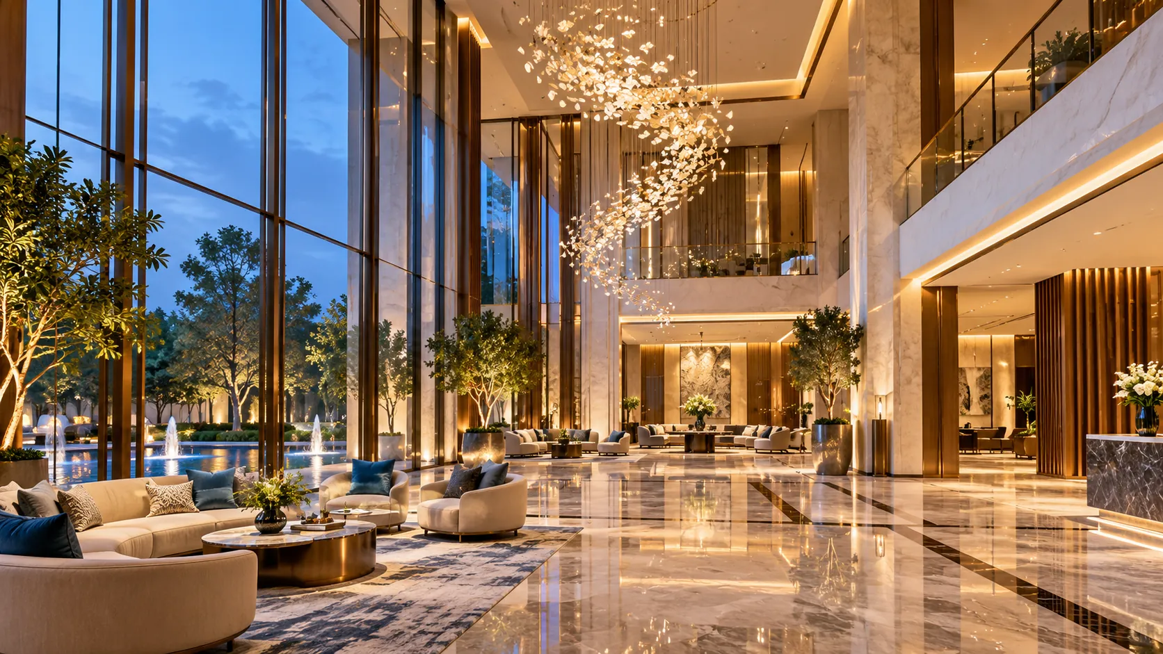 Double-height entrance lobby at blue hour – L&T Aravista, Sector 86 Gurgaon