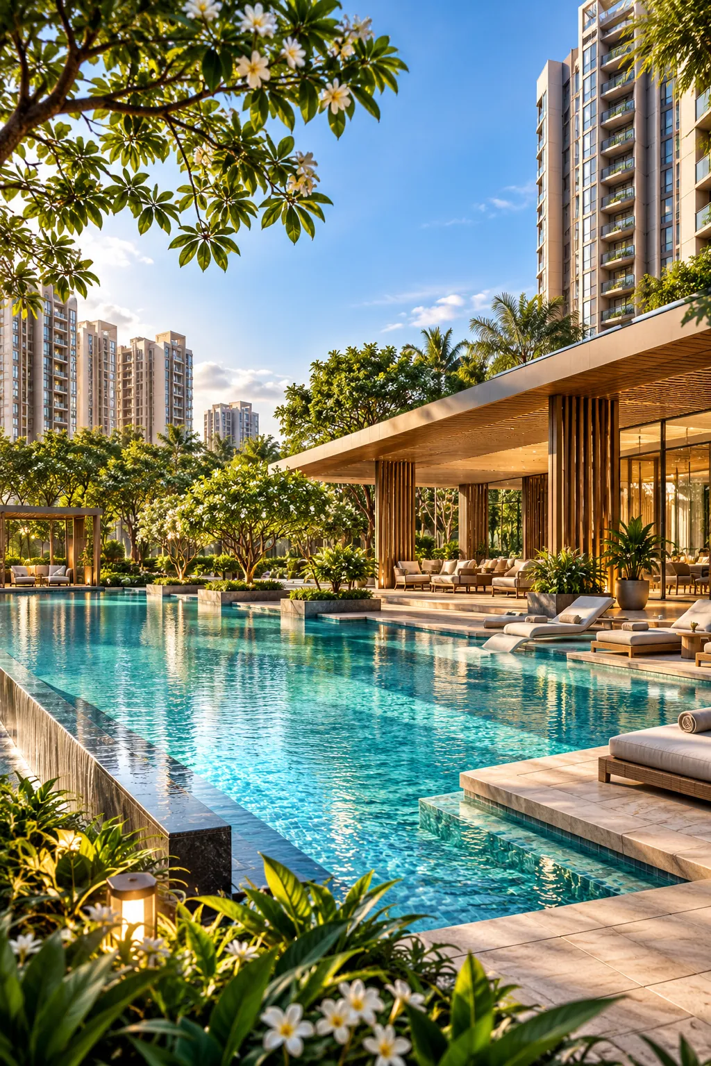 Resort-style poolside pavilion with tropical landscaping – L&T Aravista, Sector 86 Gurgaon