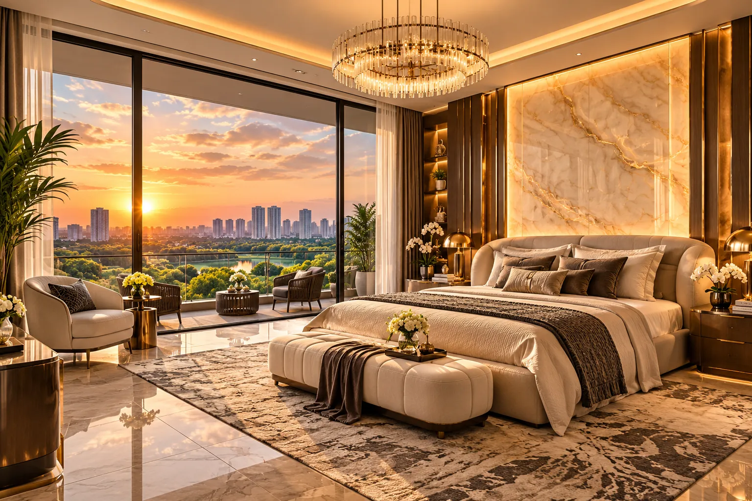 Master bedroom with balcony overlooking the city at sunset – L&T Aravista Luxuria 4 BHK corner residence
