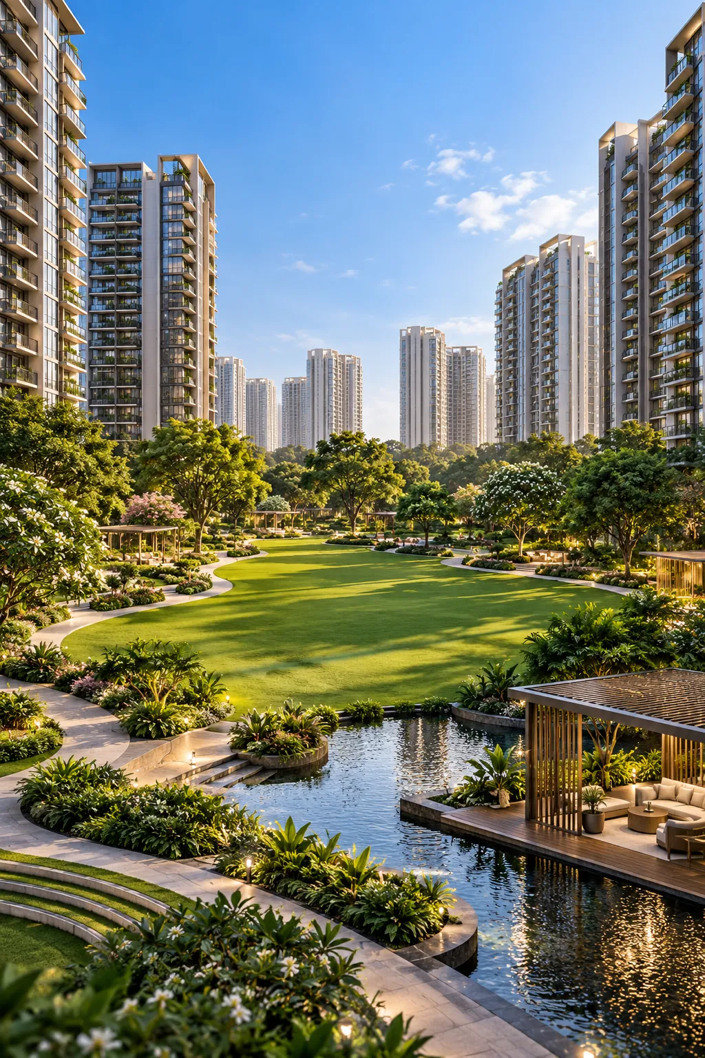 L&T Aravista Sector 86 Gurgaon – towers around a landscaped central green with a water body and pavilion